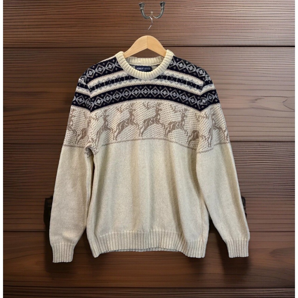 Vintage Robert Bruce Sweater L Wool Fair Isle Reindeer Cream USA Grunge Pullover